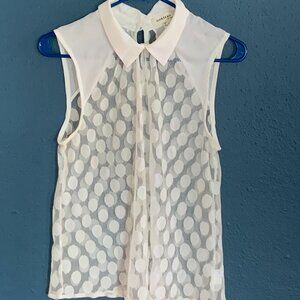 Sleeveless Sheer White Polka Dot Button Up, Size L